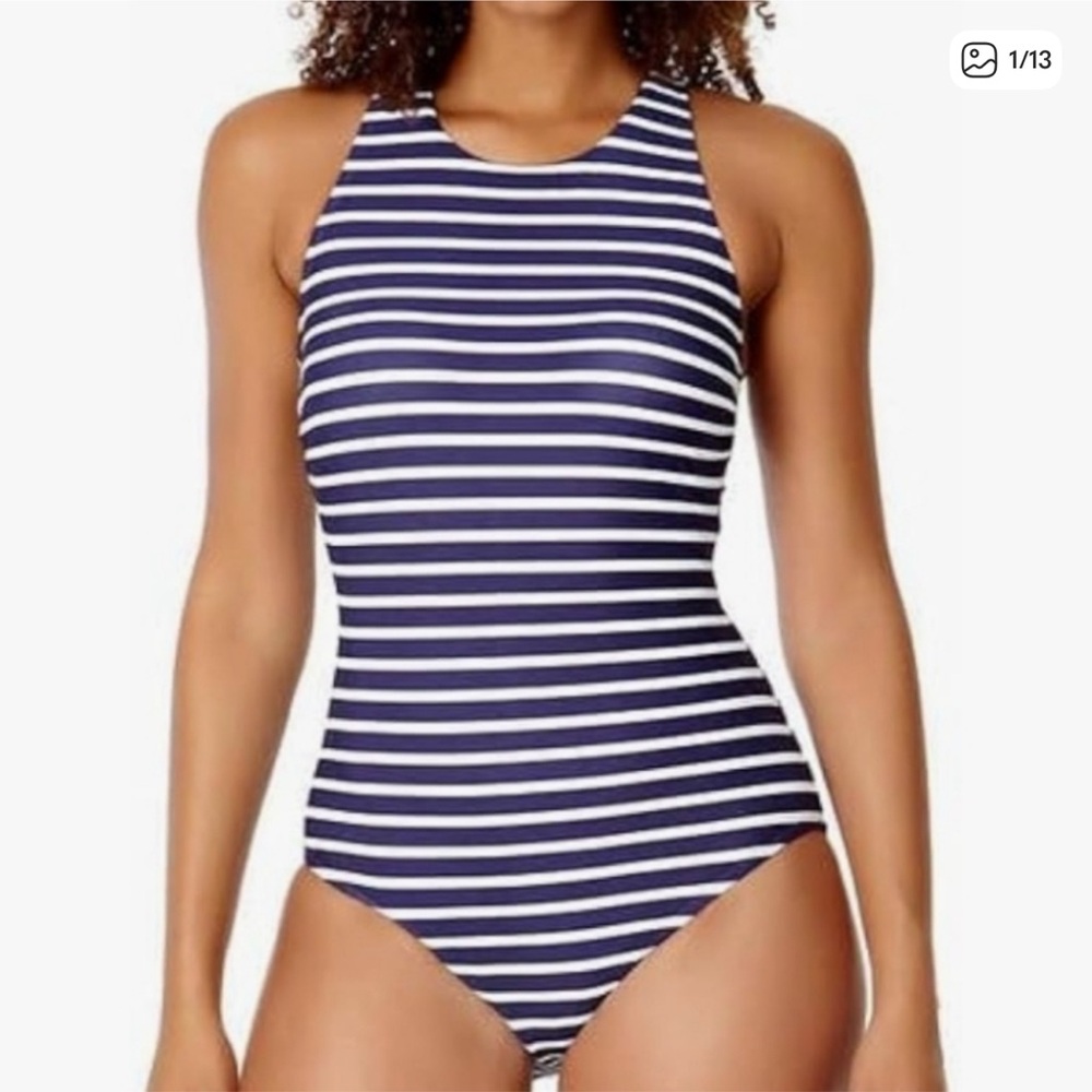 Lands End One Pice Swimsuit Striped Navy White Halter